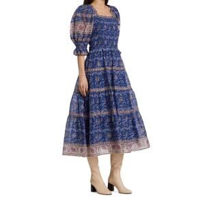 SEA New York Rosita Smocked Square Neck Puff-Sleeve Cotton Print Midi Dress XS